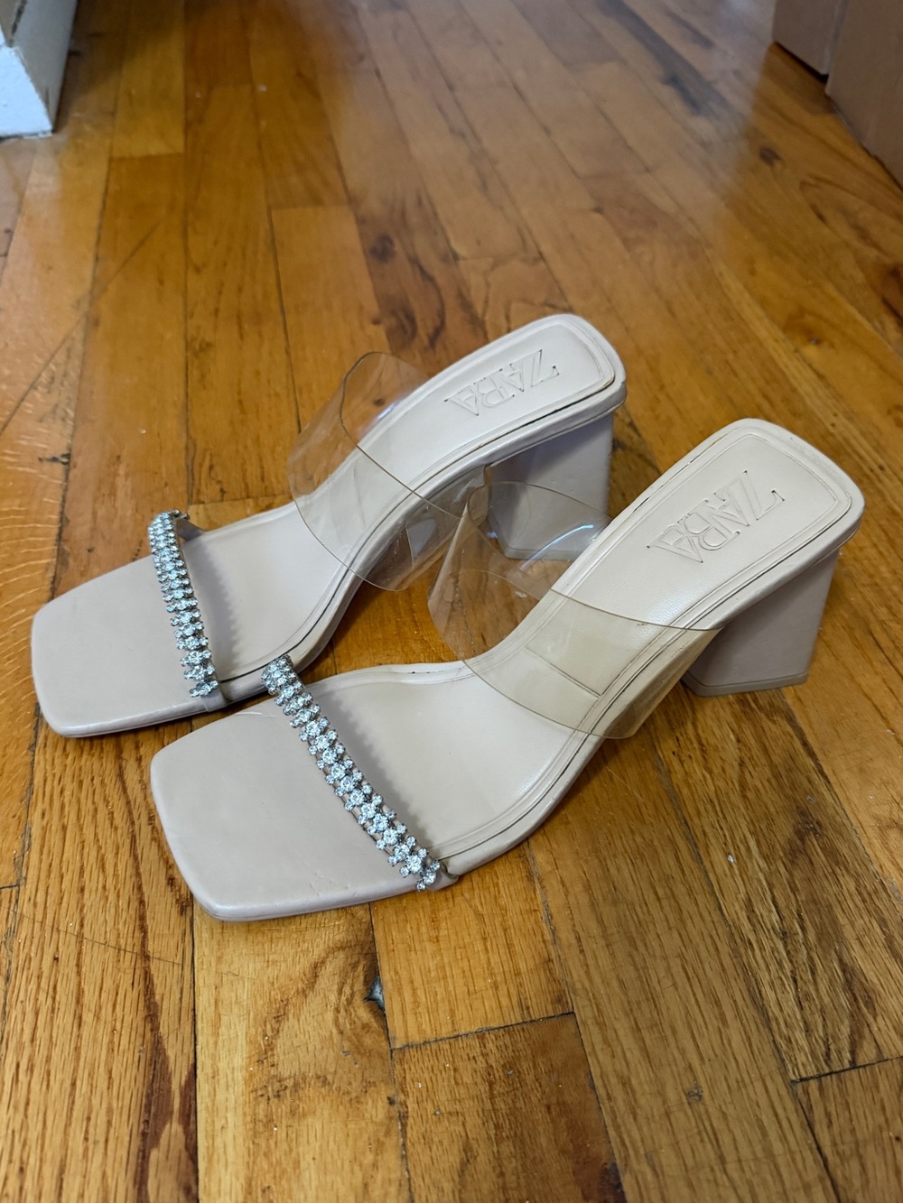 Zara Nude Block Heel Mules with Clear Strap and Rhinestone Band